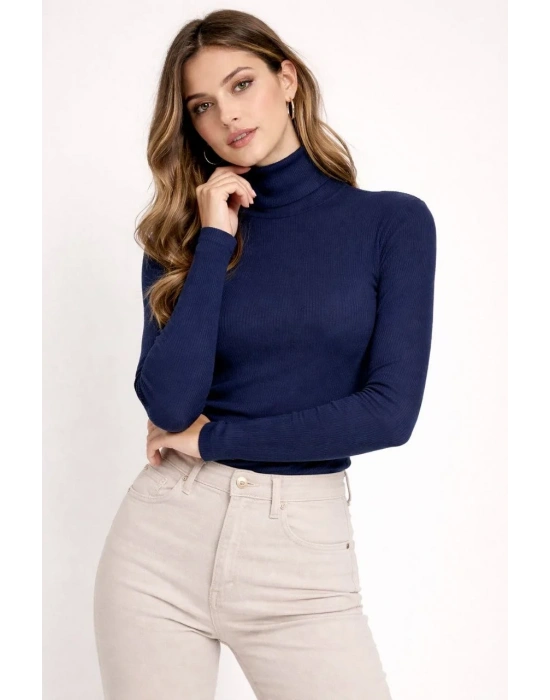 Kadın Tam Boğazlı Fitilli Likrali Kaşkorse Badi İnce Uzun Kollu Kazak - Lacivert