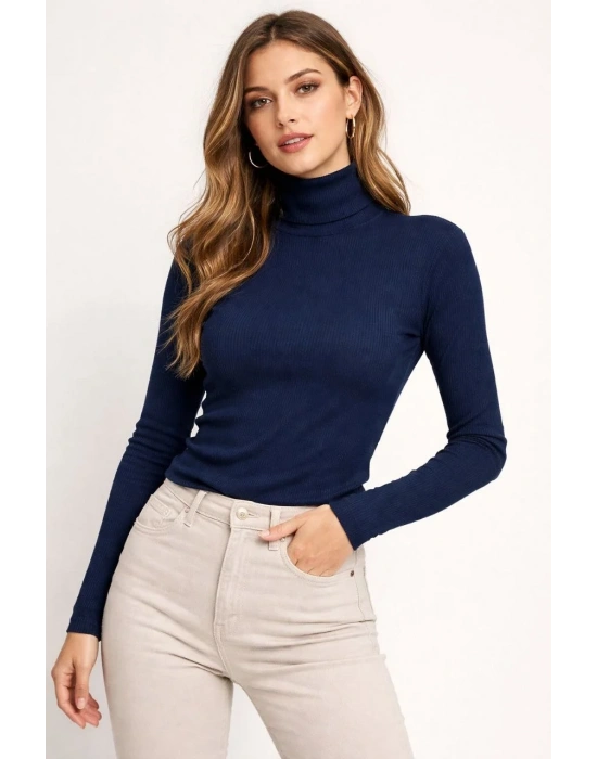 Kadın Tam Boğazlı Fitilli Likrali Kaşkorse Badi İnce Uzun Kollu Kazak - Lacivert