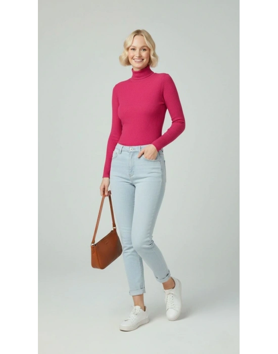 Kadın Tam Boğazlı Fitilli Likrali Kaşkorse Badi İnce Uzun Kollu Kazak - Pembe