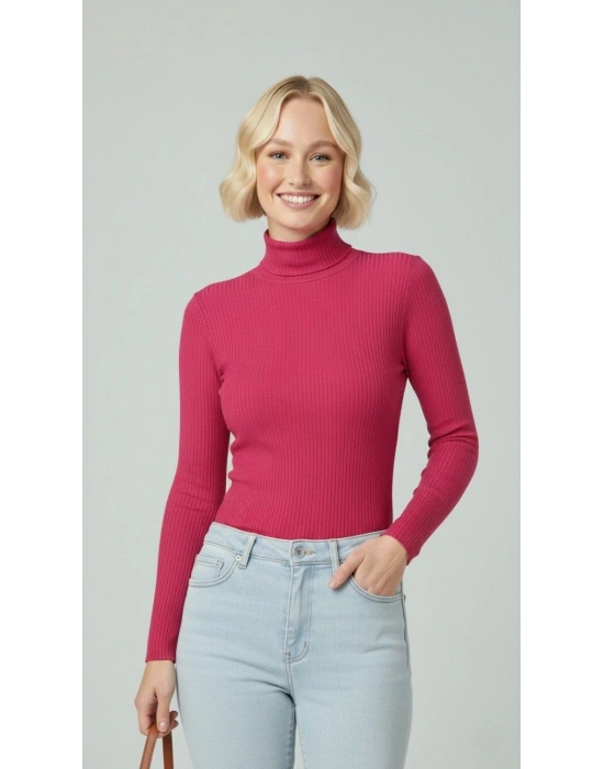 Kadın Tam Boğazlı Fitilli Likrali Kaşkorse Badi İnce Uzun Kollu Kazak - Pembe