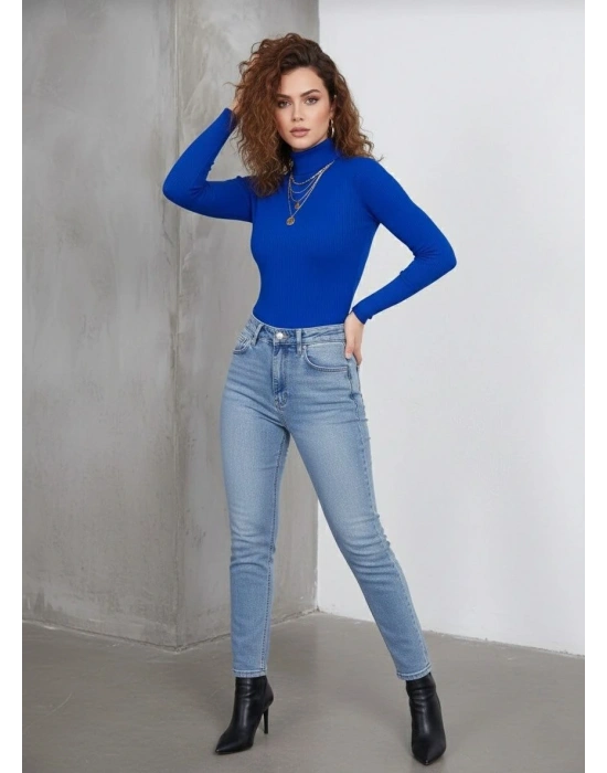 Kadın Tam Boğazlı Fitilli Likrali Kaşkorse Badi İnce Uzun Kollu Kazak - Saks Mavisi