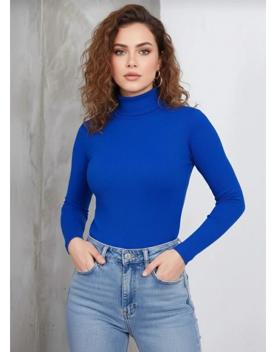 Kadın Tam Boğazlı Fitilli Likrali Kaşkorse Badi İnce Uzun Kollu Kazak - Saks Mavisi