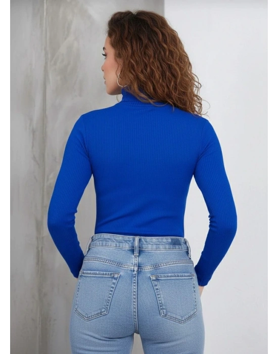 Kadın Tam Boğazlı Fitilli Likrali Kaşkorse Badi İnce Uzun Kollu Kazak - Saks Mavisi