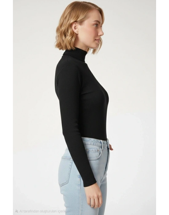Kadın Tam Boğazlı Fitilli Likrali Kaşkorse Badi İnce Uzun Kollu Kazak - Siyah