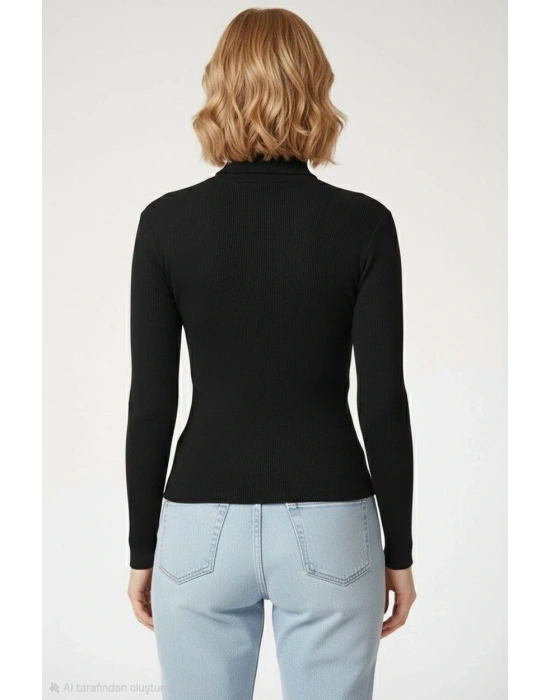 Kadın Tam Boğazlı Fitilli Likrali Kaşkorse Badi İnce Uzun Kollu Kazak - Siyah