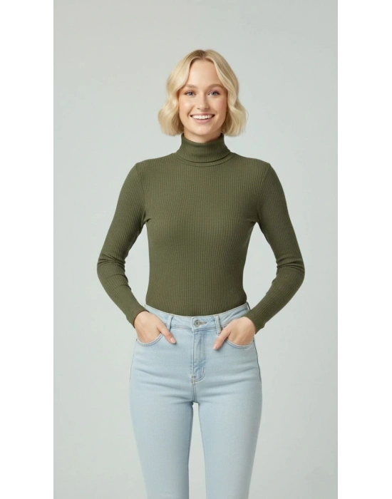 Kadın Tam Boğazlı Fitilli Likrali Kaşkorse Badi İnce Uzun Kollu Rahat Kazak - Haki