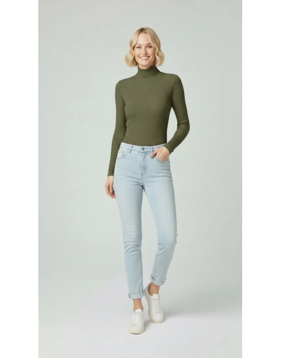 Kadın Tam Boğazlı Fitilli Likrali Kaşkorse Badi İnce Uzun Kollu Rahat Kazak - Haki