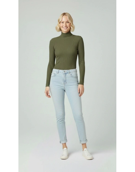 Kadın Tam Boğazlı Fitilli Likrali Kaşkorse Badi İnce Uzun Kollu Rahat Kazak - Haki