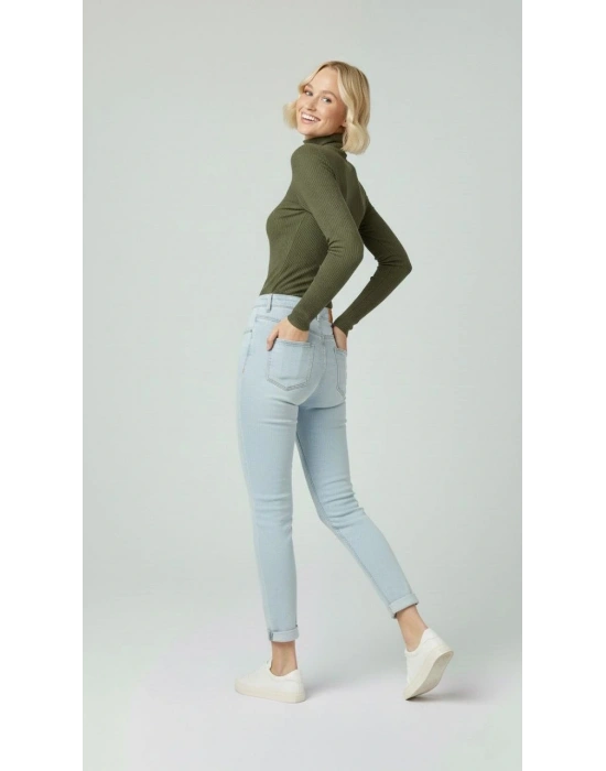 Kadın Tam Boğazlı Fitilli Likrali Kaşkorse Badi İnce Uzun Kollu Rahat Kazak - Haki