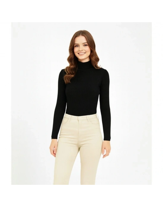 Kadın Tam Boğazlı Fitilli Likrali Koşkorse Badi - Siyah