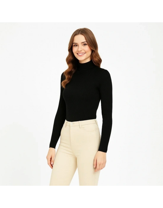 Kadın Tam Boğazlı Fitilli Likrali Koşkorse Badi - Siyah