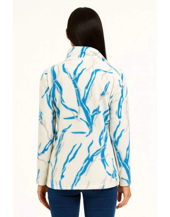 Kadın Tam Fermuarlı Desenli Polar Sweat Lightning Desen Yakalı Uzun Kollu Oversize - Beyaz