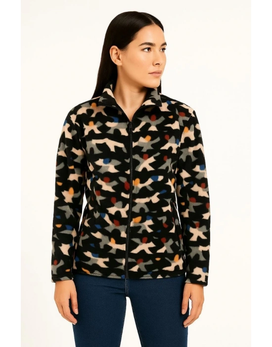 Kadın Tam Fermuarlı Desenli Polar Sweat Siyah Multicolor Figür Desen Yakalı Uzun - Siyah