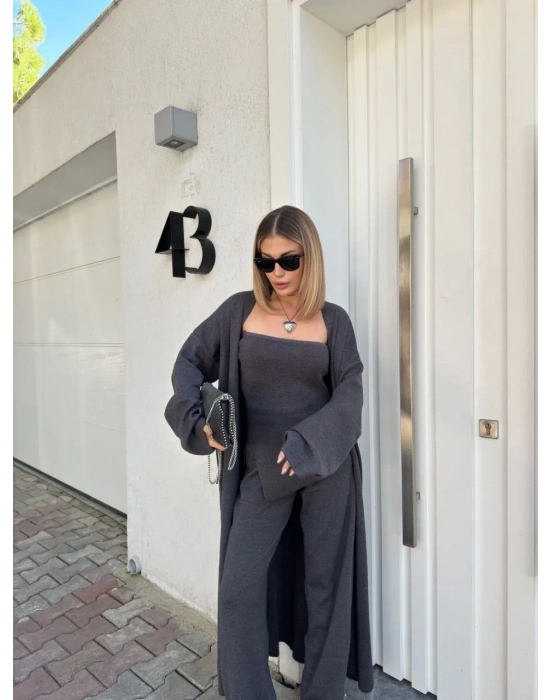 Kadın Triko 3 Parça Takım Straplez Üst Pantolon Uzun Hırka - Füme