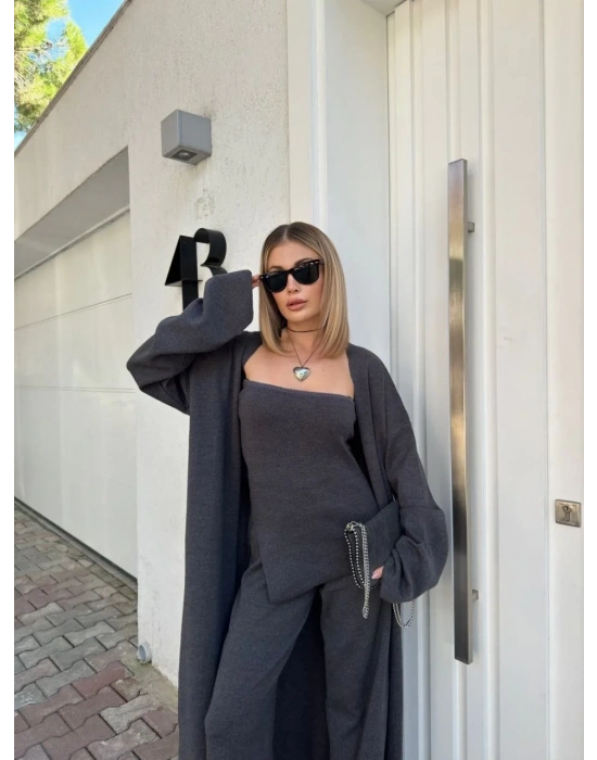 Kadın Triko 3 Parça Takım Straplez Üst Pantolon Uzun Hırka - Füme