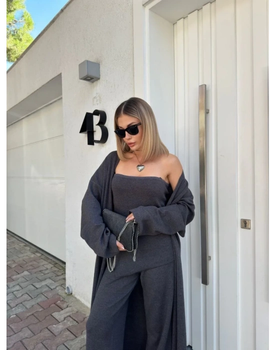 Kadın Triko 3 Parça Takım Straplez Üst Pantolon Uzun Hırka - Füme