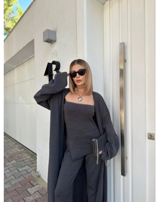 Kadın Triko Üçlü Takım - Füme