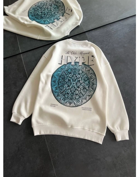 Kadın Üç İplik Bisiklet Yaka Baskılı SweatShirt - Beyaz