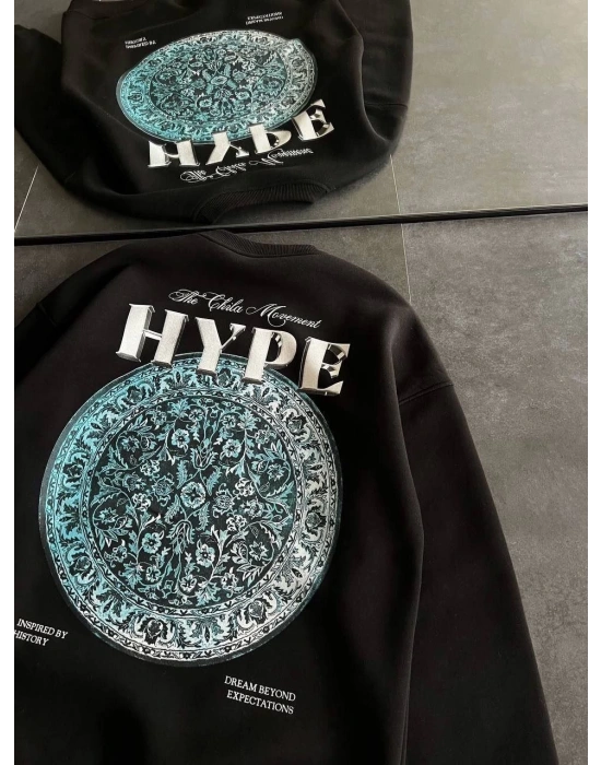 Kadın Üç İplik Bisiklet Yaka Baskılı SweatShirt - Siyah