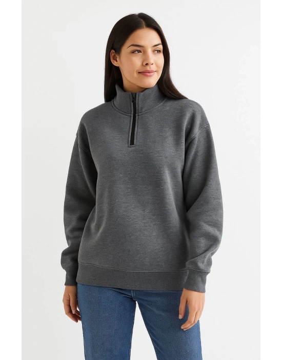 Kadın Üç İplik Dık Yaka Yarım Fermuarlı SweatShirt - Antrasit