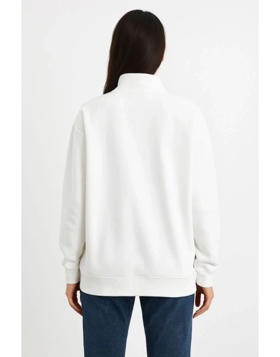 Kadın Üç İplik Dık Yaka Yarım Fermuarlı SweatShirt - Beyaz