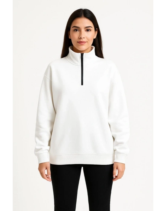 Kadın Üç İplik Dık Yaka Yarım Fermuarlı SweatShirt - Beyaz