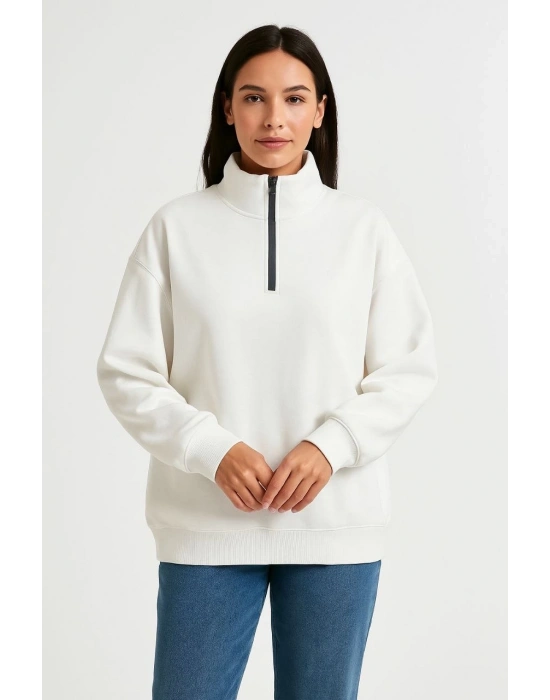 Kadın Üç İplik Dık Yaka Yarım Fermuarlı SweatShirt - Beyaz