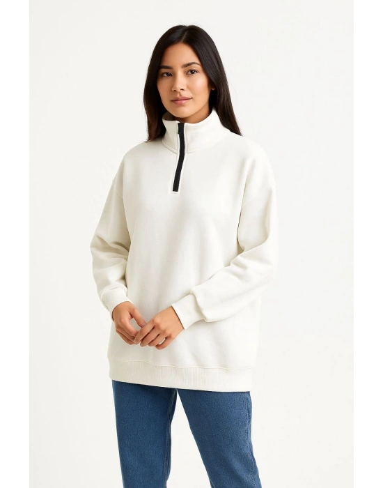 Kadın Üç İplik Dık Yaka Yarım Fermuarlı SweatShirt - Beyaz