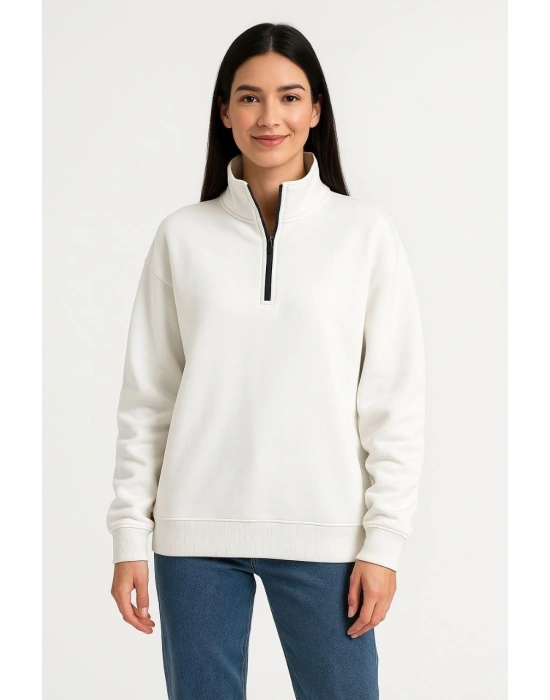 Kadın Üç İplik Dık Yaka Yarım Fermuarlı SweatShirt - Beyaz