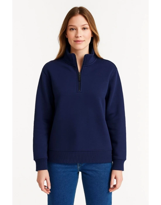 Kadın Üç İplik Dık Yaka Yarım Fermuarlı SweatShirt - Lacivert