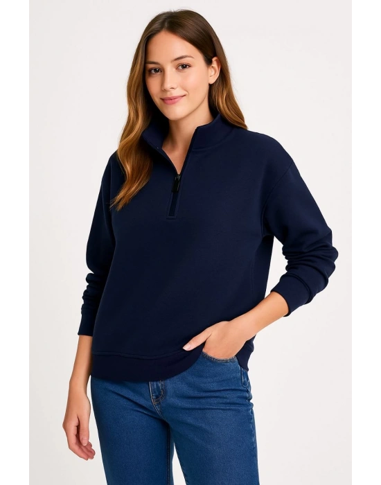 Kadın Üç İplik Dık Yaka Yarım Fermuarlı SweatShirt - Lacivert