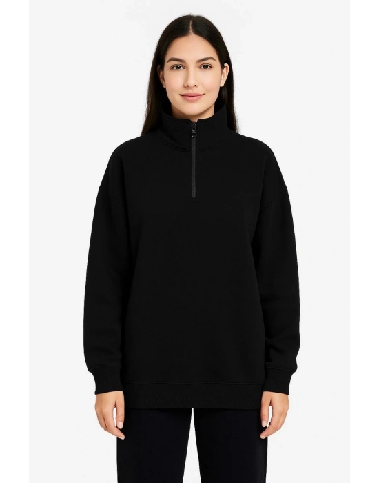 Kadın Üç İplik Dık Yaka Yarım Fermuarlı SweatShirt - Siyah