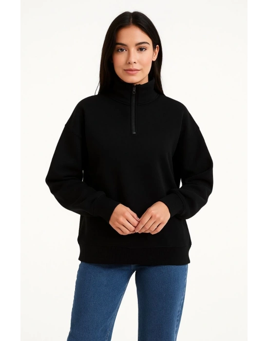 Kadın Üç İplik Dık Yaka Yarım Fermuarlı SweatShirt - Siyah