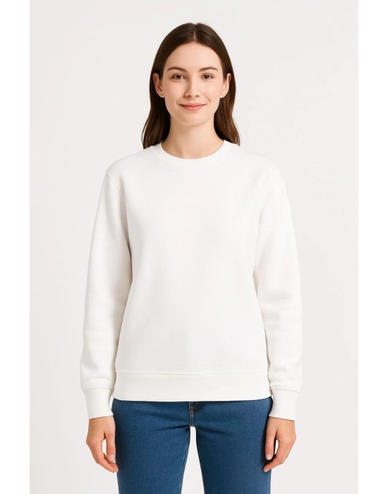 Kadın Üç İplik Düz Bisiklet Yaka SweatShirt - Beyaz