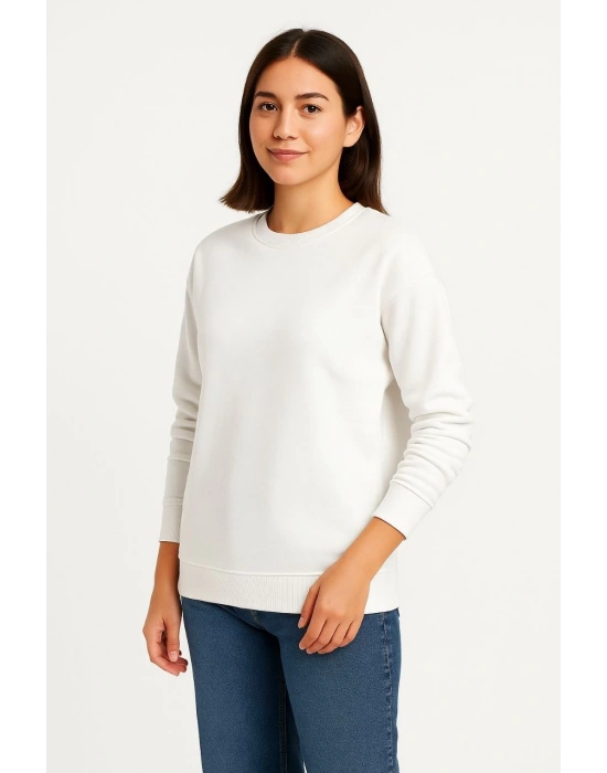 Kadın Üç İplik Düz Bisiklet Yaka SweatShirt - Beyaz