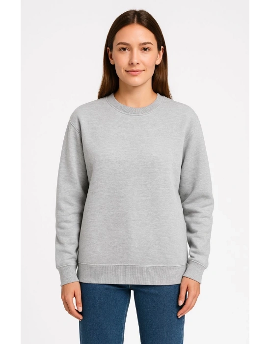 Kadın Üç İplik Düz Bisiklet Yaka SweatShirt - Gri