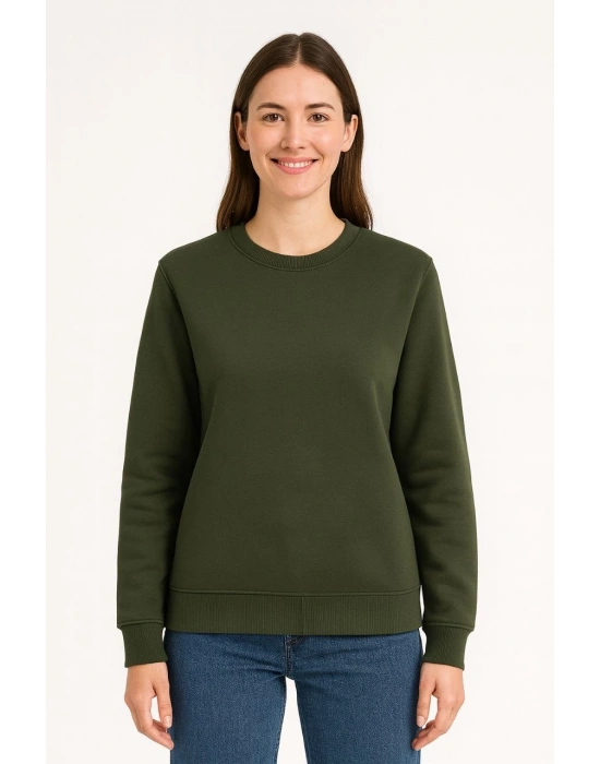 Kadın Üç İplik Düz Bisiklet Yaka SweatShirt - Haki