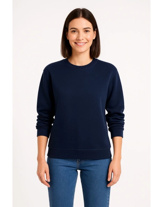 Kadın Üç İplik Düz Bisiklet Yaka SweatShirt - Lacivert