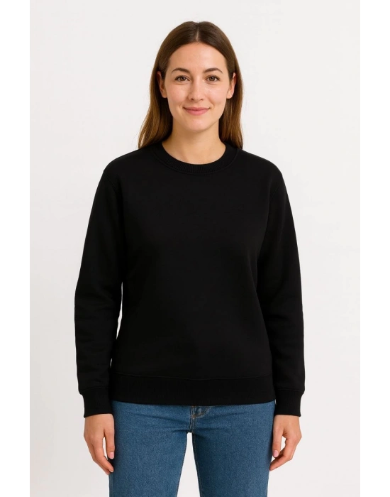 Kadın Üç İplik Düz Bisiklet Yaka SweatShirt - Siyah