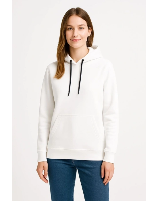 Kadın Üç İplik Kapüşonlu Kanguru Çepli SweatShirt hoodie - Beyaz