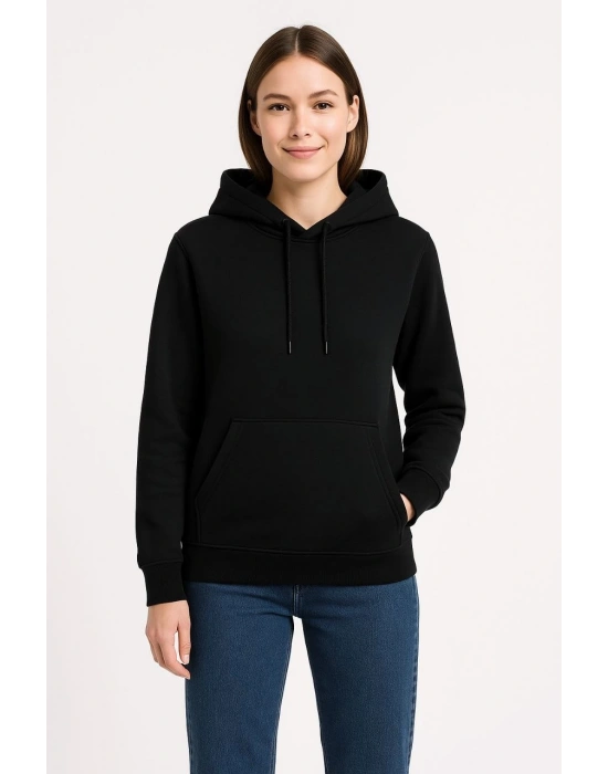 Kadın Üç İplik Kapüşonlu Kanguru Cepli Sweatshirt hoodie - Siyah