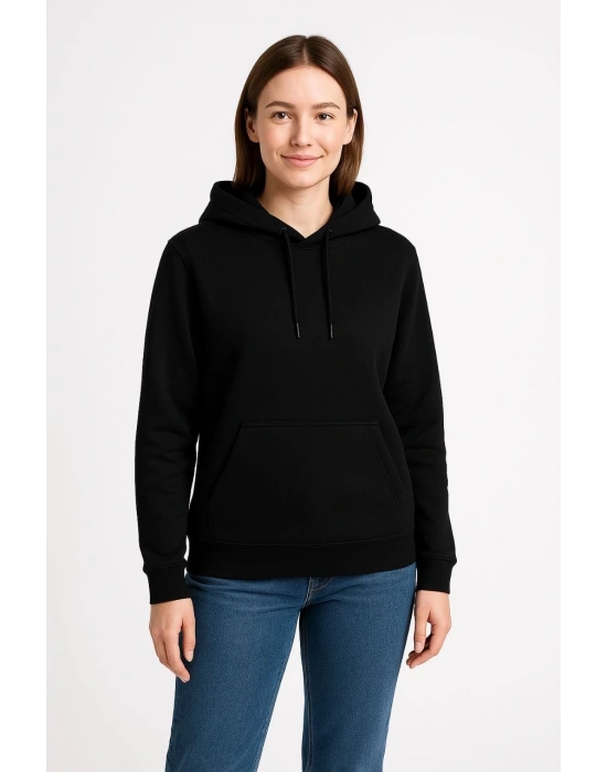 Kadın Üç İplik Kapüşonlu Kanguru Cepli Sweatshirt hoodie - Siyah