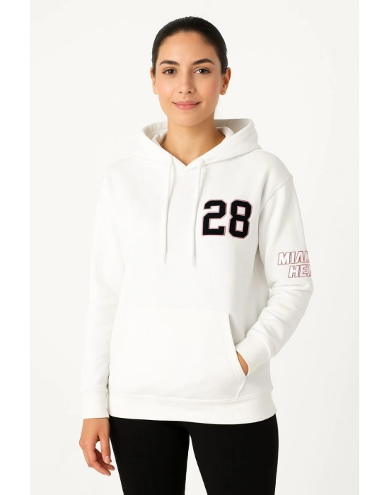 Kadın Üç İplik Kapüşonlu Ön ve Arka Baskılı SweatShirt hoodie - Beyaz