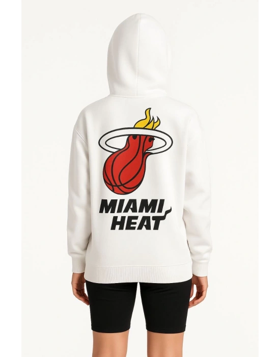 Kadın Üç İplik Kapüşonlu Ön ve Arka Baskılı SweatShirt hoodie - Beyaz