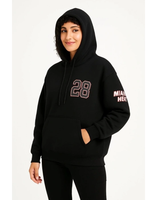 Kadın Üç İplik Kapüşonlu Ön ve Arka Baskılı SweatShirt hoodie - Siyah