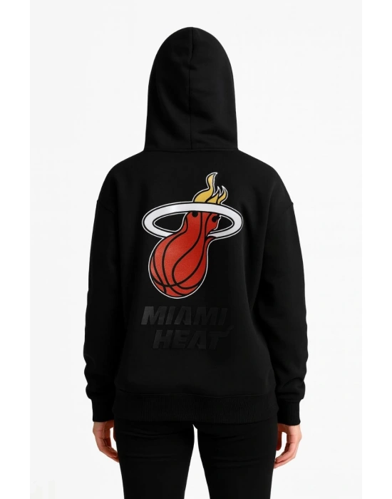 Kadın Üç İplik Kapüşonlu Ön ve Arka Baskılı SweatShirt hoodie - Siyah