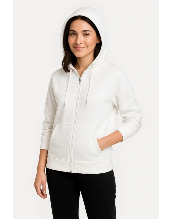 Kadın Üç İplik Kapüşonlu Tam Fermuarlı Kanguru Çepli SweatShirt Hoodie - Beyaz