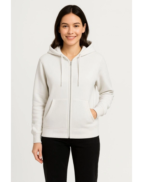 Kadın Üç İplik Kapüşonlu Tam Fermuarlı Kanguru Çepli SweatShirt Hoodie - Beyaz