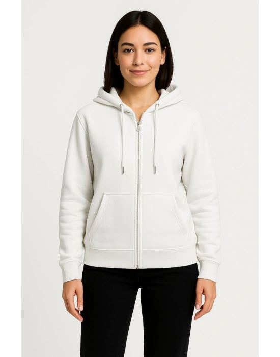 Kadın Üç İplik Kapüşonlu Tam Fermuarlı Kanguru Çepli SweatShirt Hoodie - Beyaz