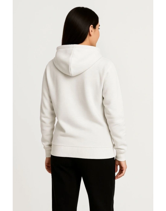 Kadın Üç İplik Kapüşonlu Tam Fermuarlı Kanguru Çepli SweatShirt Hoodie - Beyaz